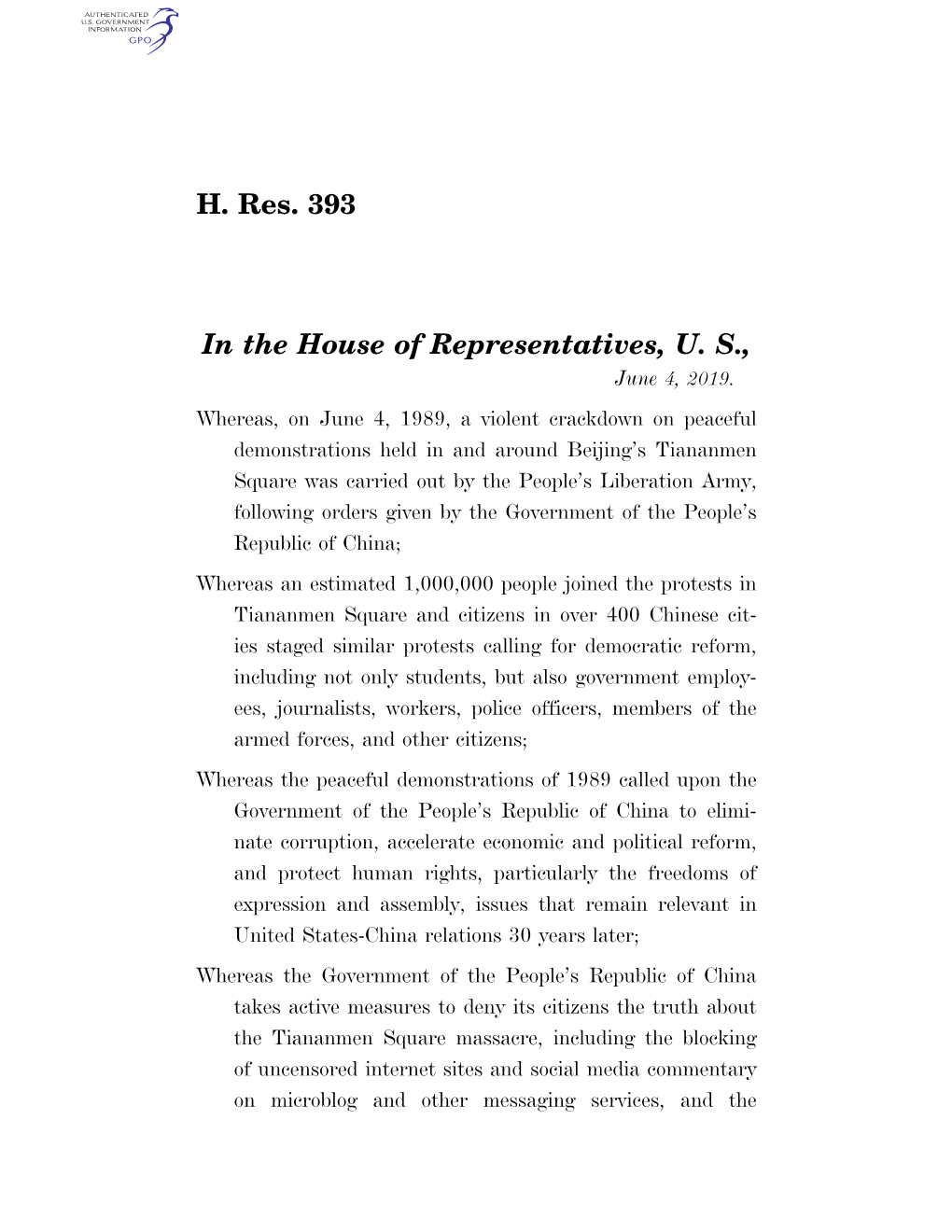 H. Res. 393 in the House of Representatives, U