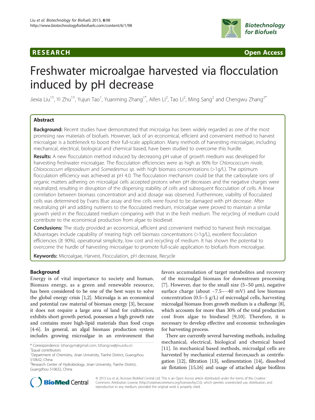 Freshwater Microalgae Harvested Via Flocculation Induced by Ph Decrease