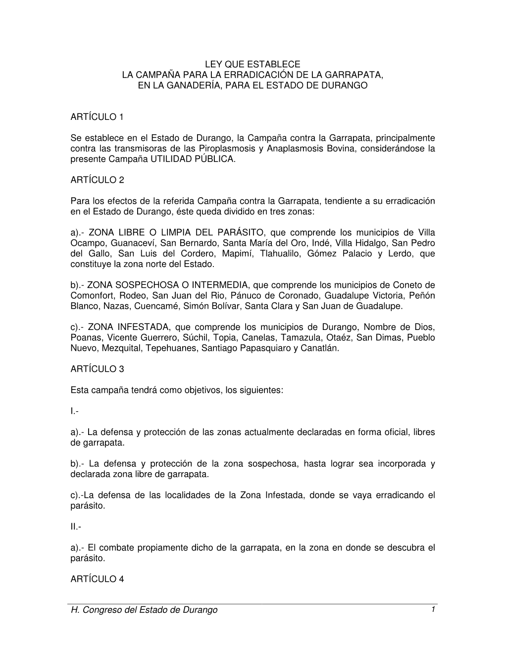 H. Congreso Del Estado De Durango LEY QUE ESTABLECE LA