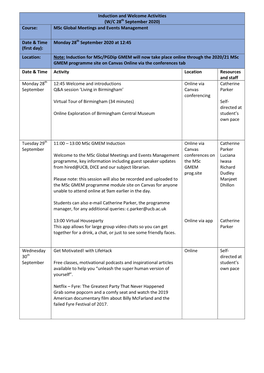 Induction and Welcome Activities (W/C 28Th September 2020) Course: Msc Global Meetings and Events Management Date & Time (F