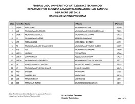 (Abdul Haq Campus) Bba Merit List 2018 Bachelor Evening Program