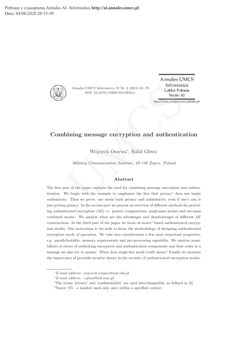 Combining Message Encryption and Authentication