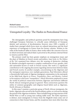 Unrequited Loyalty: the Harkis in Postcolonial France