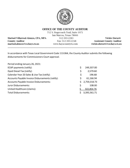 Hays County Disbursements Report Fund Requirements for Fund 001 - General Fund Disbursement Date 1/13/2021 to 1/26/2021