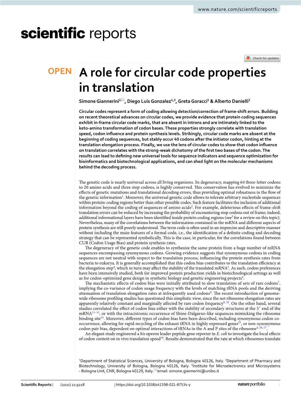 A Role for Circular Code Properties in Translation Simone Giannerini1*, Diego Luis Gonzalez1,3, Greta Goracci1 & Alberto Danielli2