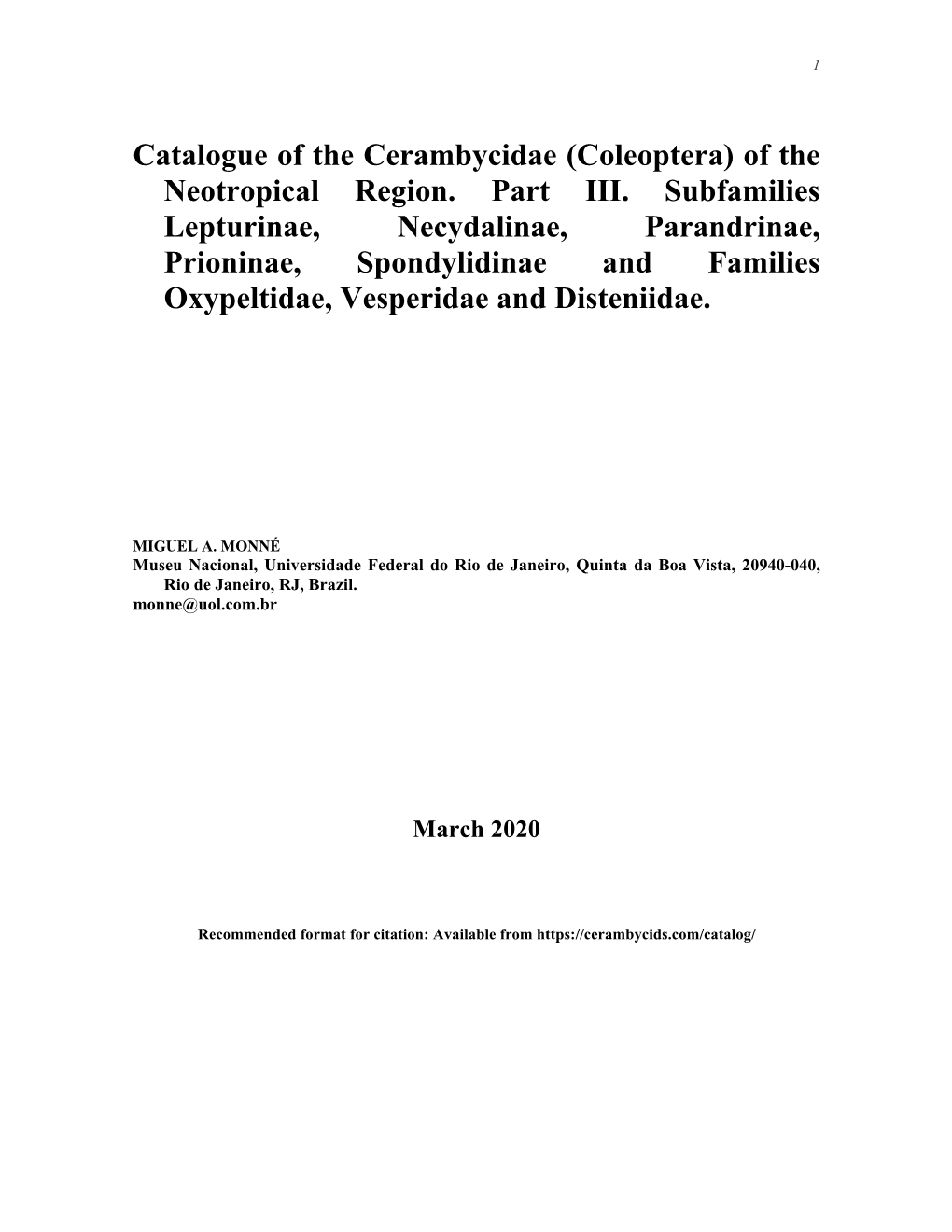Catalogue of the Cerambycidae (Coleoptera) of the Neotropical Region