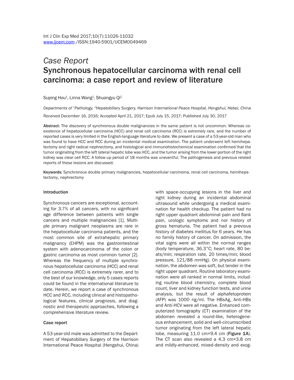 Case Report Synchronous Hepatocellular Carcinoma with Renal Cell Carcinoma: a Case Report and Review of Literature