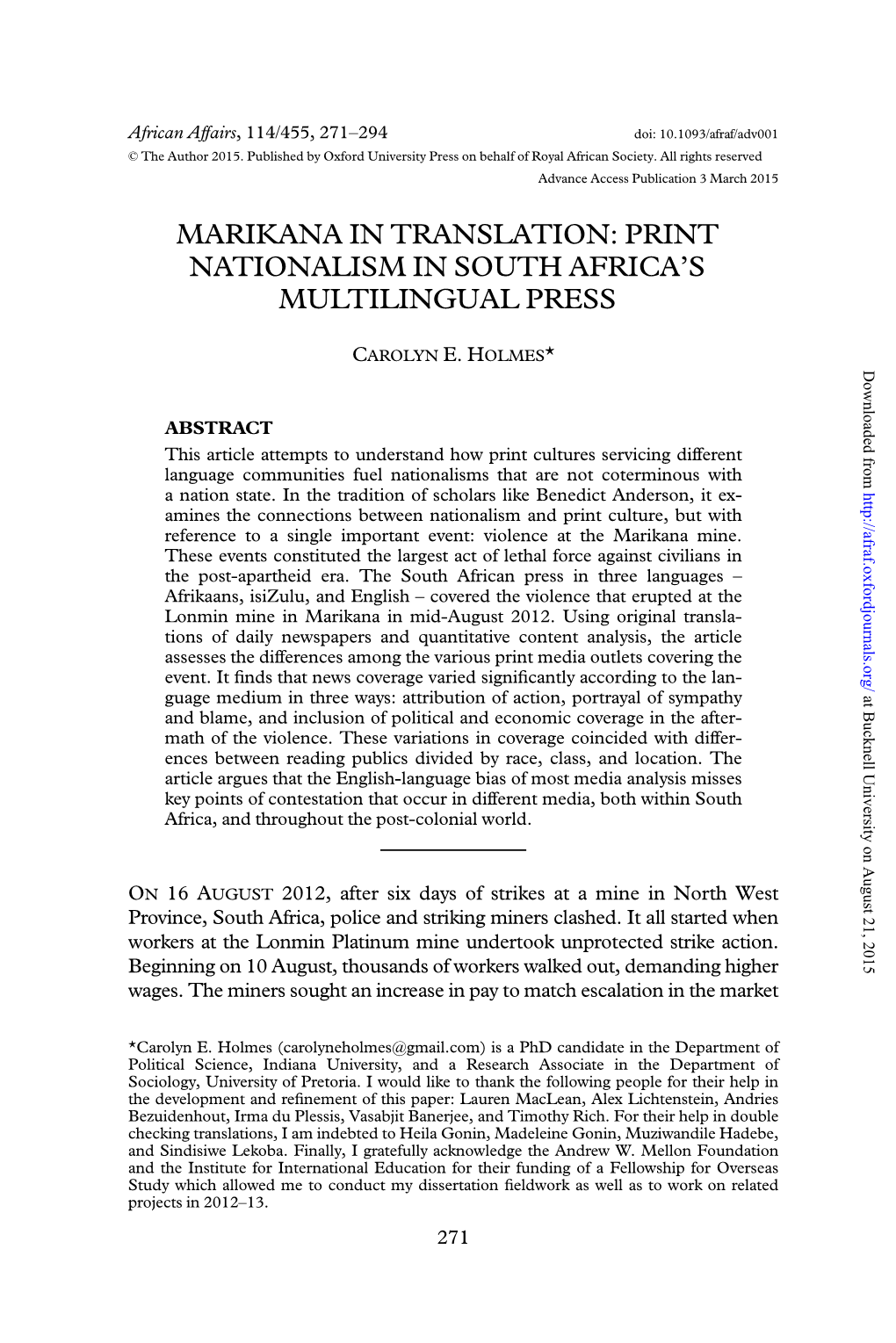 Marikana in Translation: Print Nationalism in South Africa’S Multilingual Press