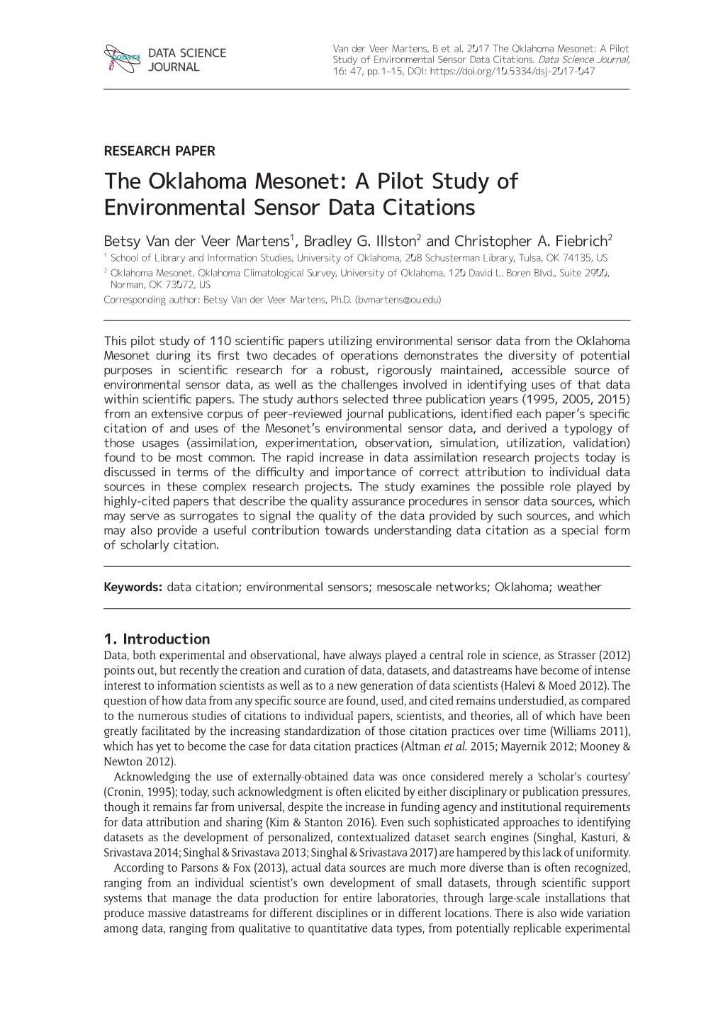 The Oklahoma Mesonet: a Pilot CODATA '$7$6&,(1&( S Study of Environmental Sensor Data Citations