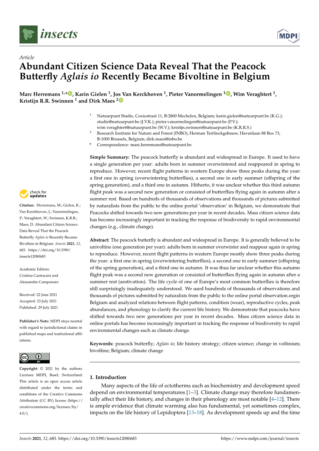 Abundant Citizen Science Data Reveal That the Peacock Butterfly Aglais Io Recently Became Bivoltine in Belgium