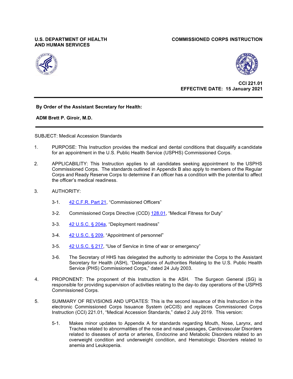 CCI 221.01, “Medical Accession Standards,” Dated 2 July 2019