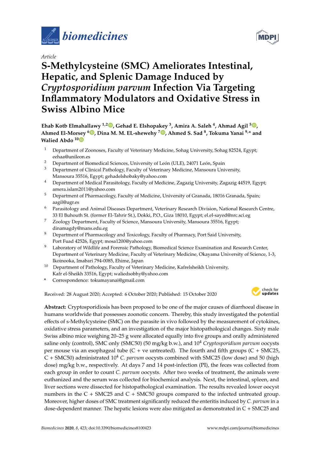 (SMC) Ameliorates Intestinal, Hepatic, and Splenic Damage Induced by Cryptosporidium Parvum Infection Via Targe