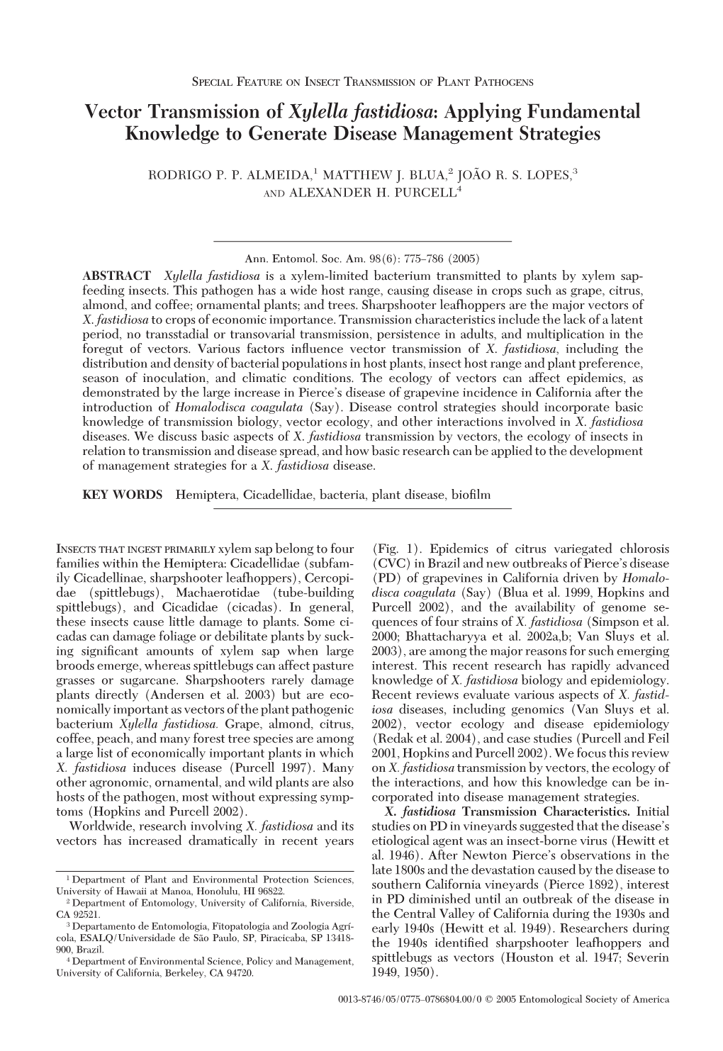 Vector Transmission of Xylella Fastidiosa: Applying Fundamental Knowledge to Generate Disease Management Strategies