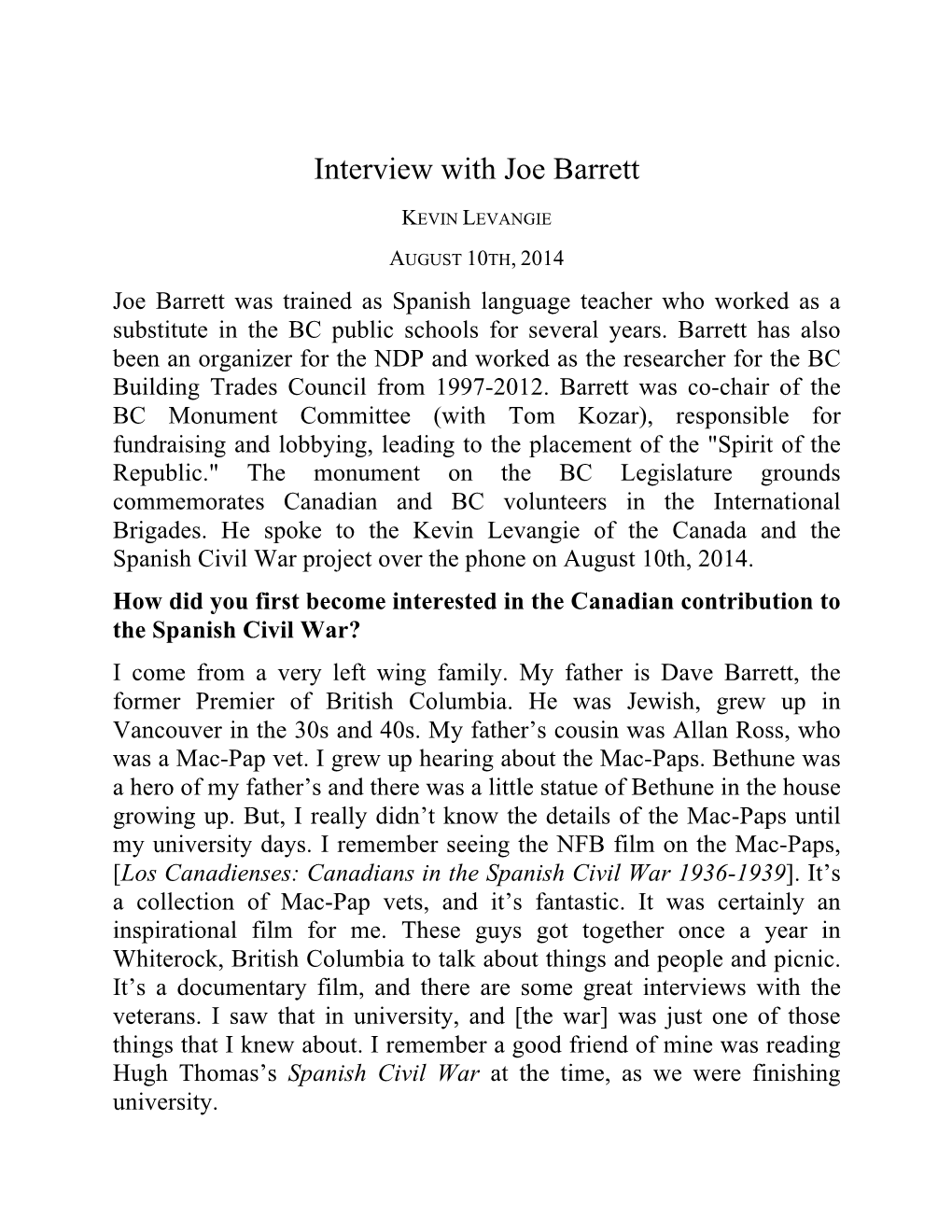 Interview with Joe Barrett