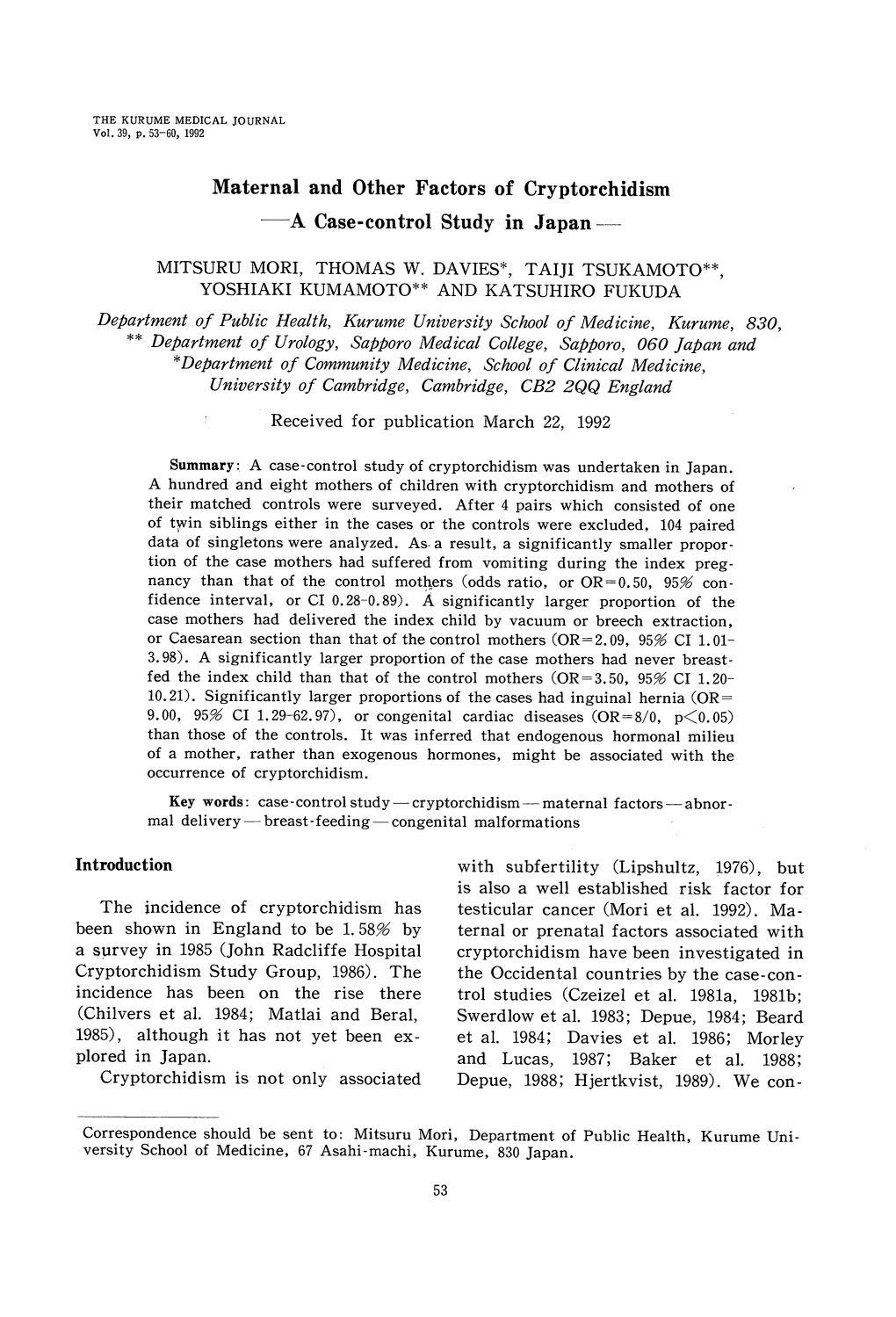 Maternal and Other Factors of Cryptorchidism a Case-Control Study in Japan