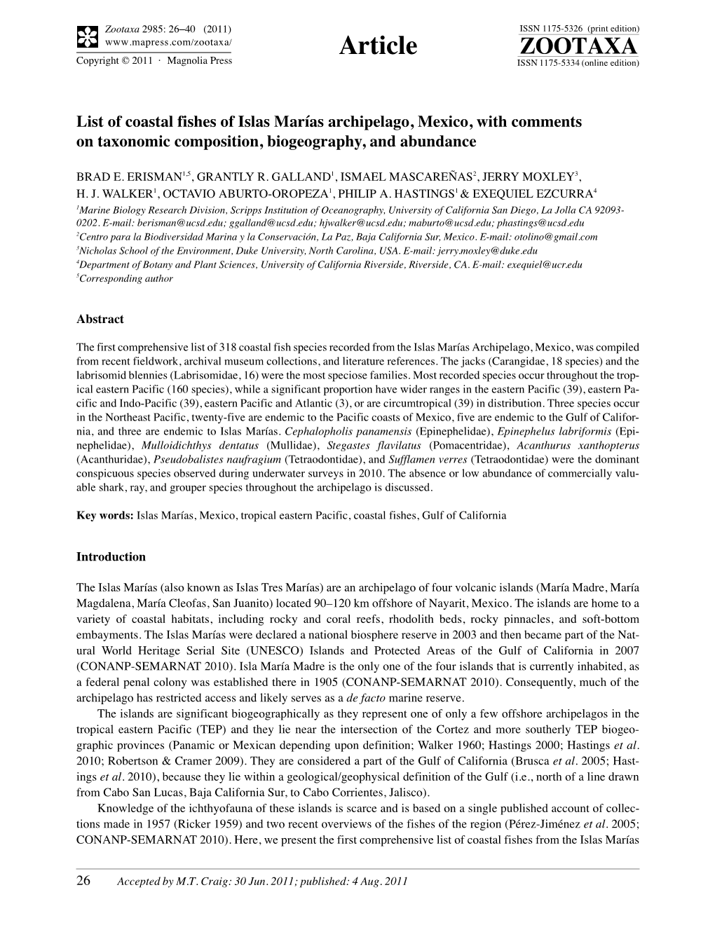 Zootaxa 2985: 26–40 (2011) ISSN 1175-5326 (Print Edition) Article ZOOTAXA Copyright © 2011 · Magnolia Press ISSN 1175-5334 (Online Edition)