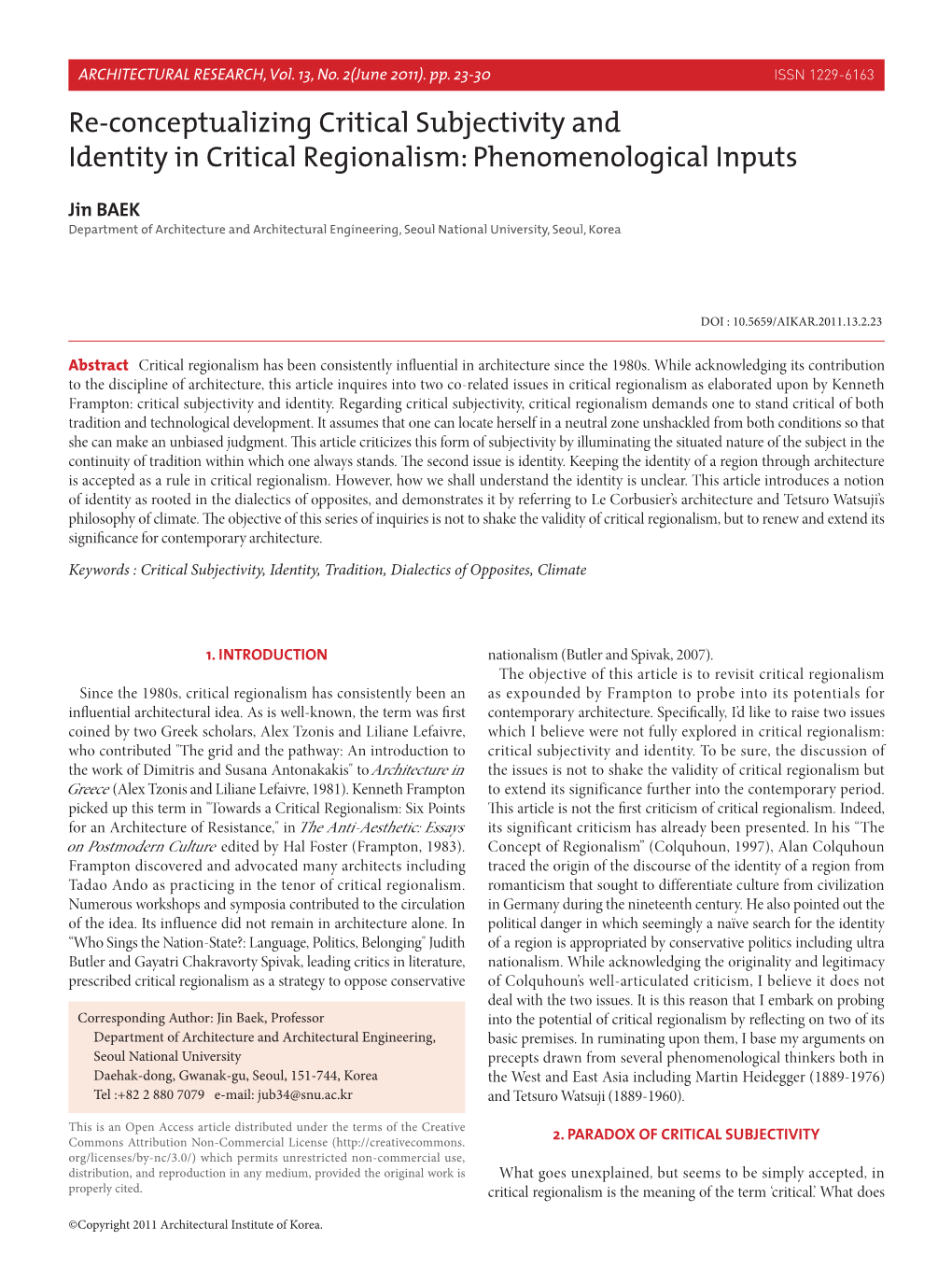 Re-Conceptualizing Critical Subjectivity and Identity in Critical Regionalism: Phenomenological Inputs