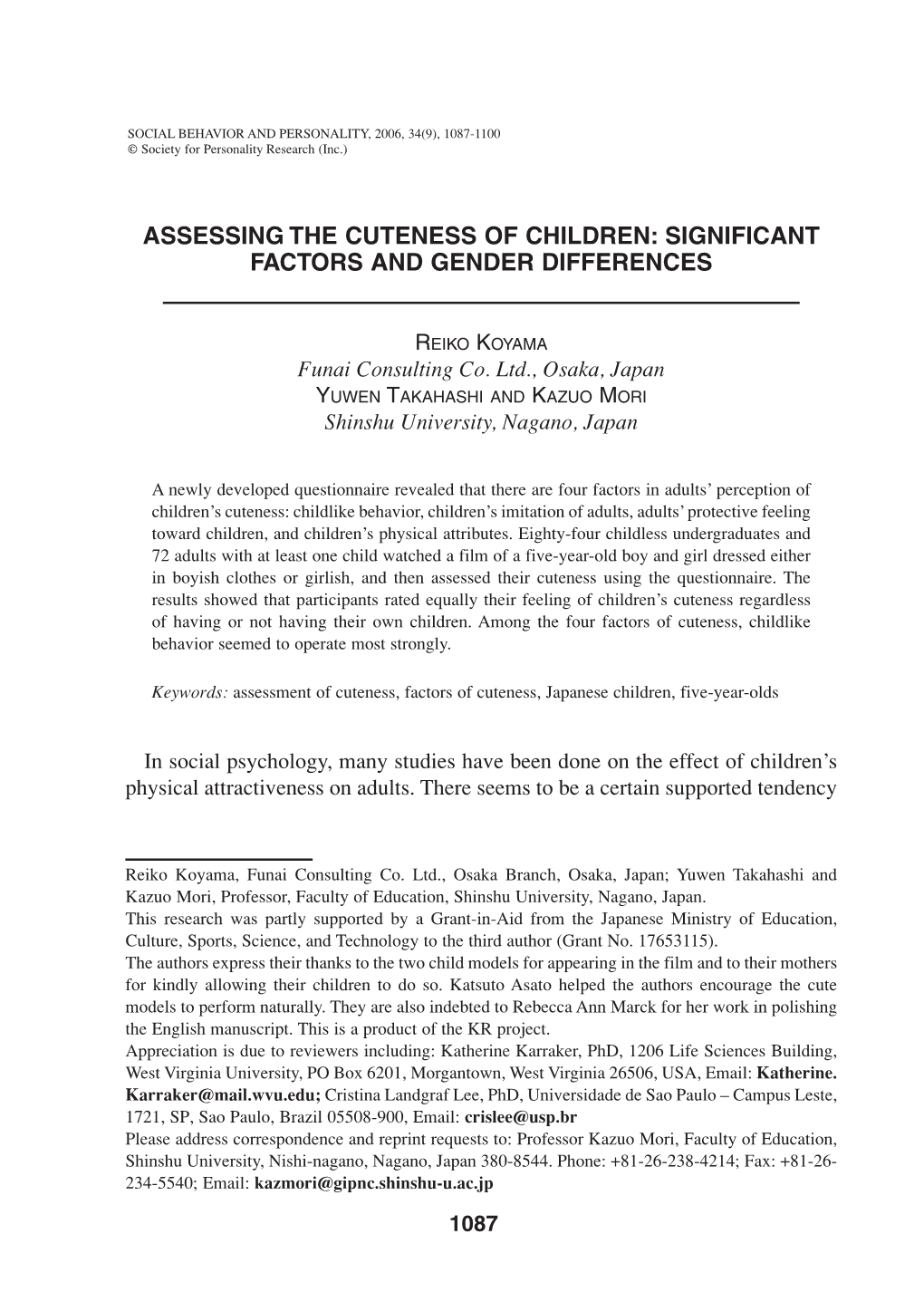 Assessing the Cuteness of Children: Significant Factors and Gender Differences