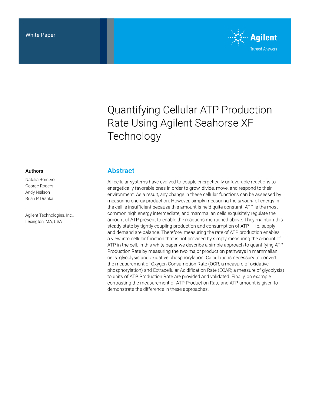 Quantifying Cellular ATP Production Rate Using Agilent Seahorse XF Technology