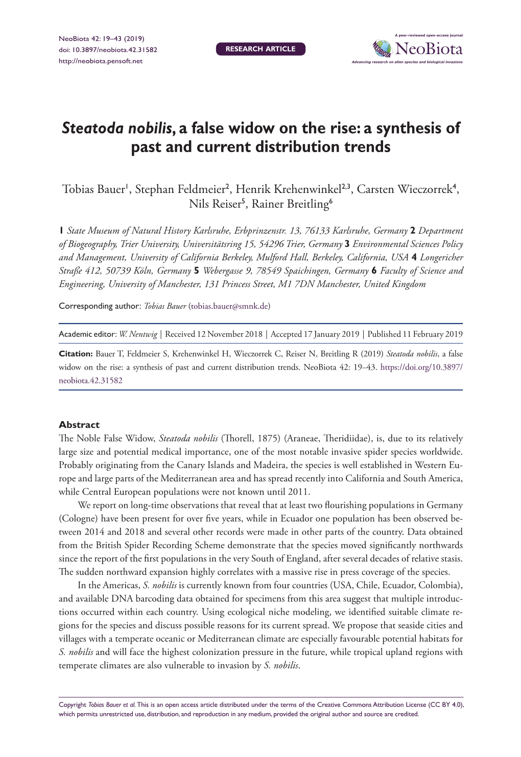 Steatoda Nobilis, a False Widow on the Rise: a Synthesis of Past and Current Distribution Trends