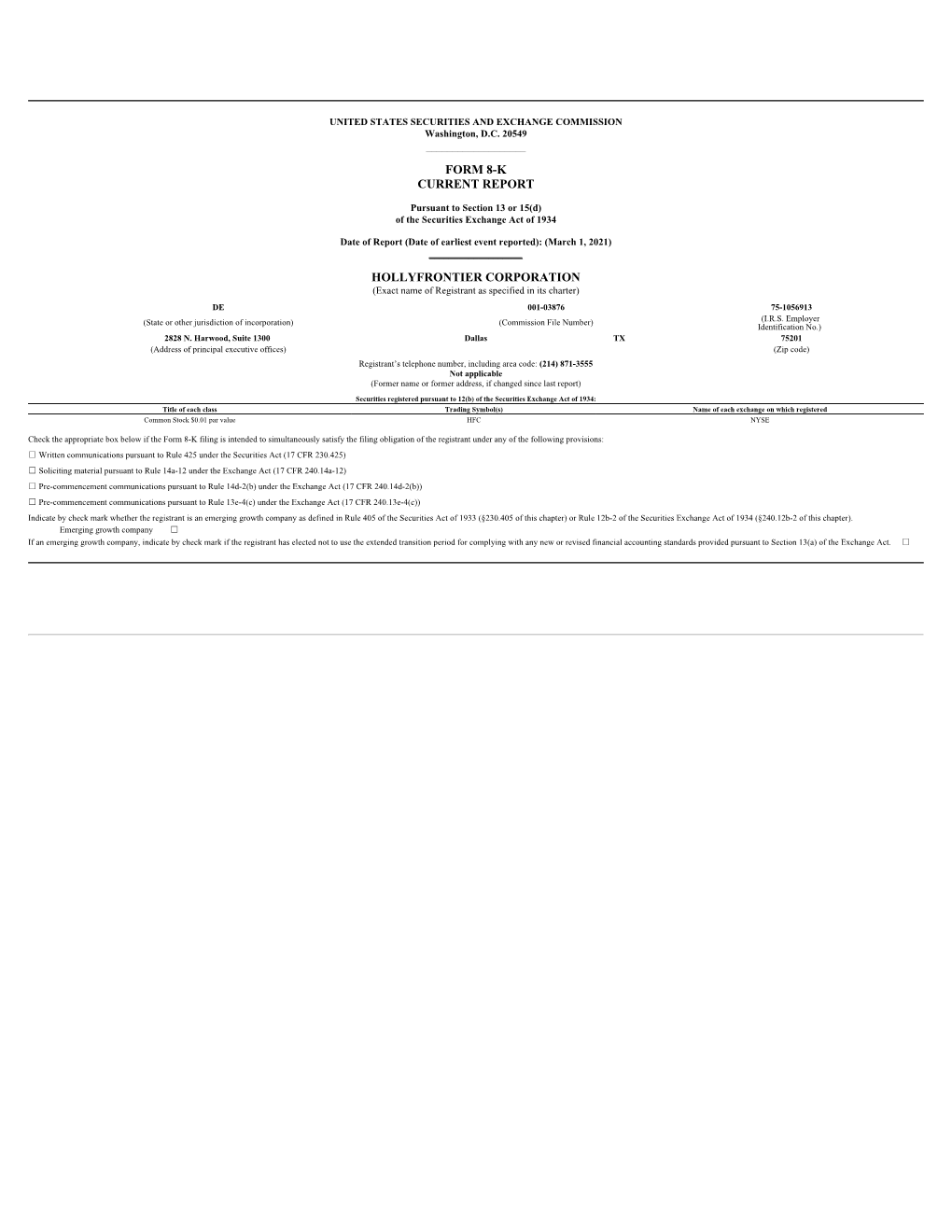 Form 8-K Current Report Hollyfrontier Corporation