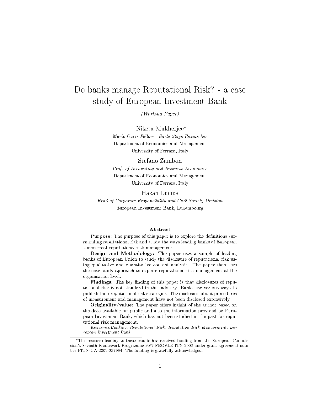 Do Banks Manage Reputational Risk? - a Case Study of European Investment Bank