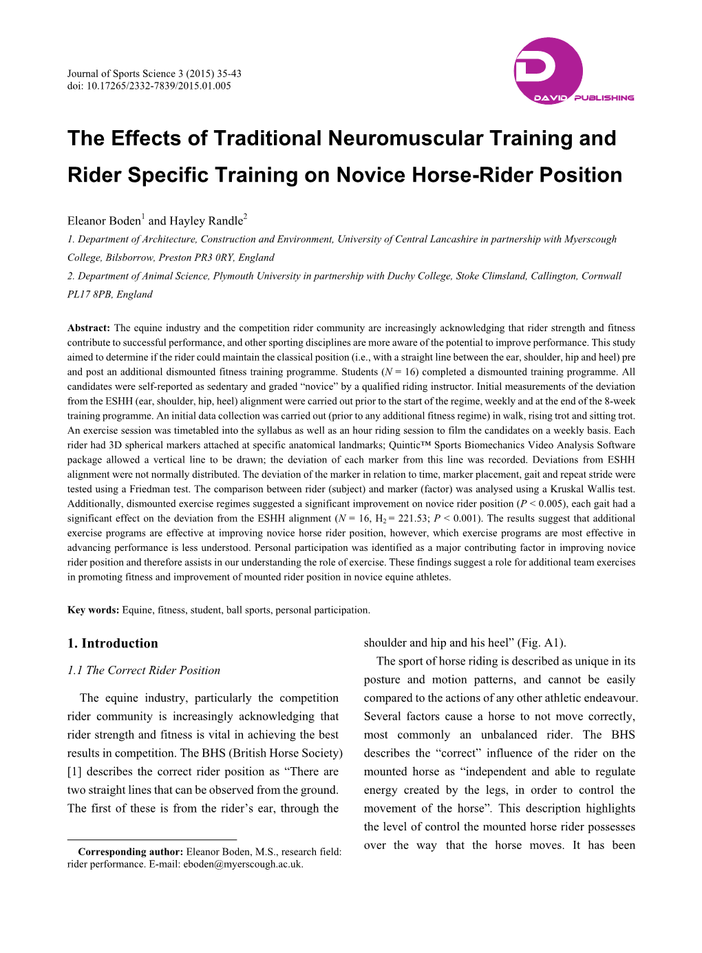 The Effects of Traditional Neuromuscular Training and Rider Specific Training on Novice Horse-Rider Position