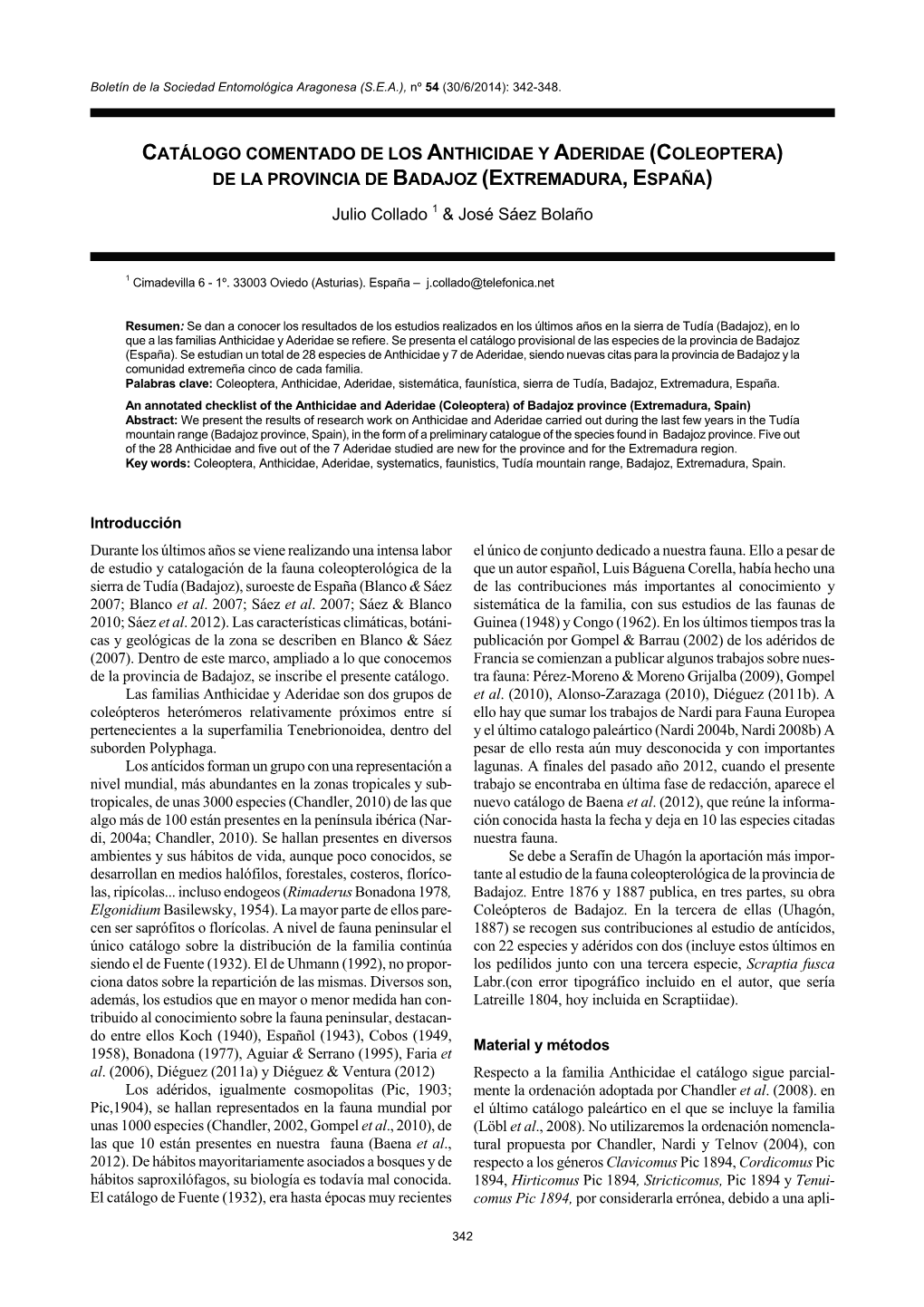 Catálogo Comentado De Los Anthicidae Y Aderidae (Coleoptera) De La Provincia De Badajoz (Extremadura, España)
