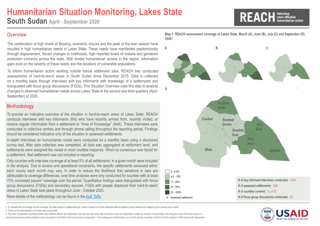 Humanitarian Situation Monitoring, Lakes State South Sudan April - September 2020