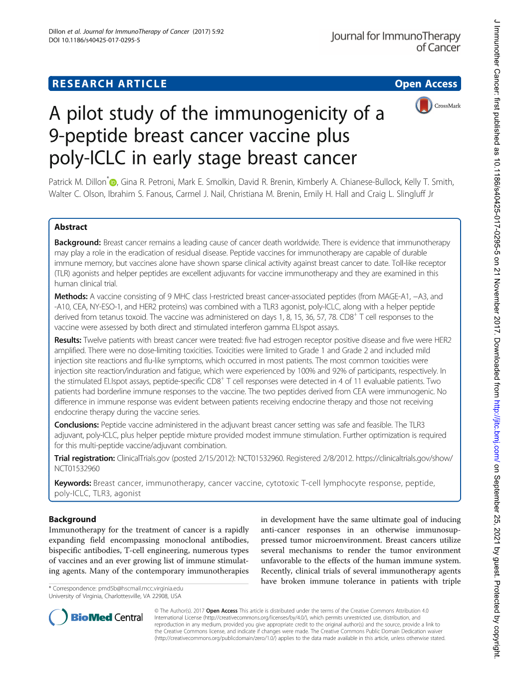 A Pilot Study of the Immunogenicity of a 9-Peptide Breast Cancer Vaccine Plus Poly-ICLC in Early Stage Breast Cancer Patrick M