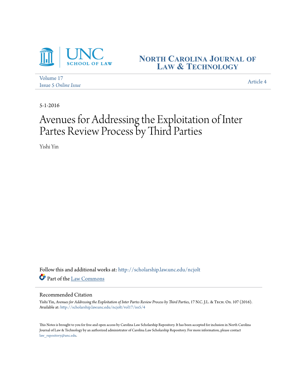 Avenues for Addressing the Exploitation of Inter Partes Review Process by Third Parties Yishi Yin