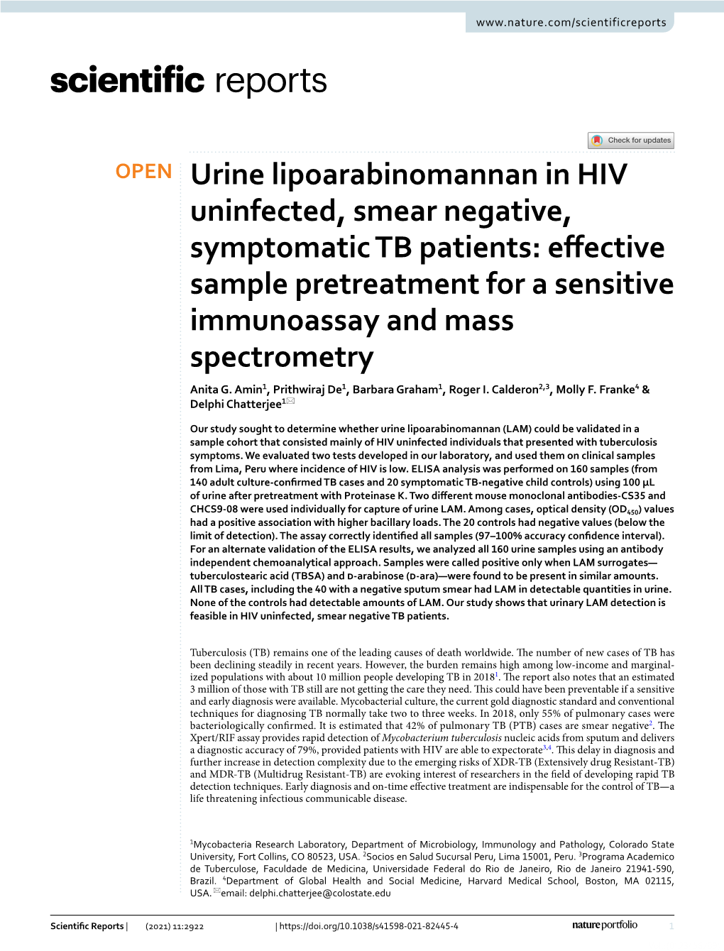 Urine Lipoarabinomannan in HIV Uninfected, Smear Negative