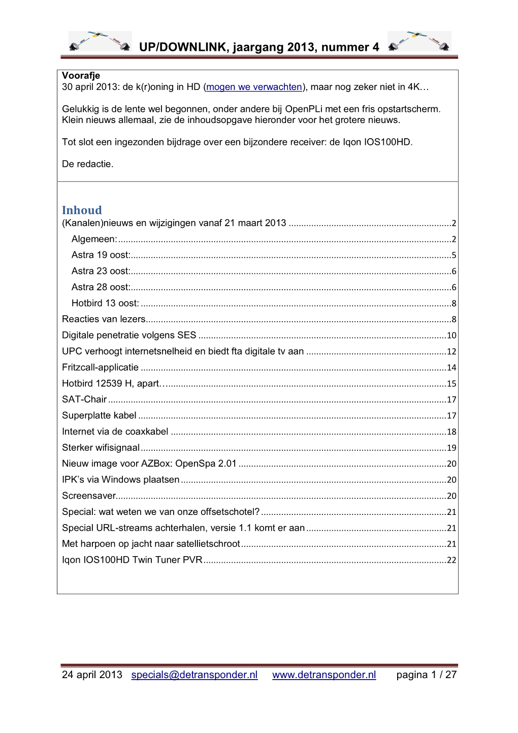 UP/DOWNLINK, Jaargang 2013, Nummer 4 Inhoud