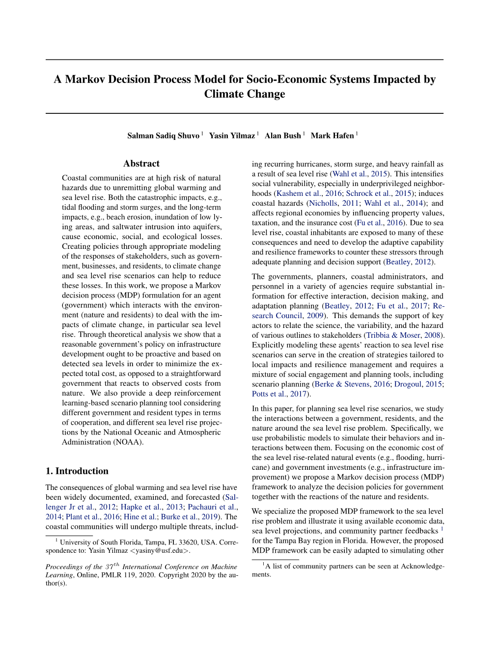 A Markov Decision Process Model for Socio-Economic Systems Impacted by Climate Change