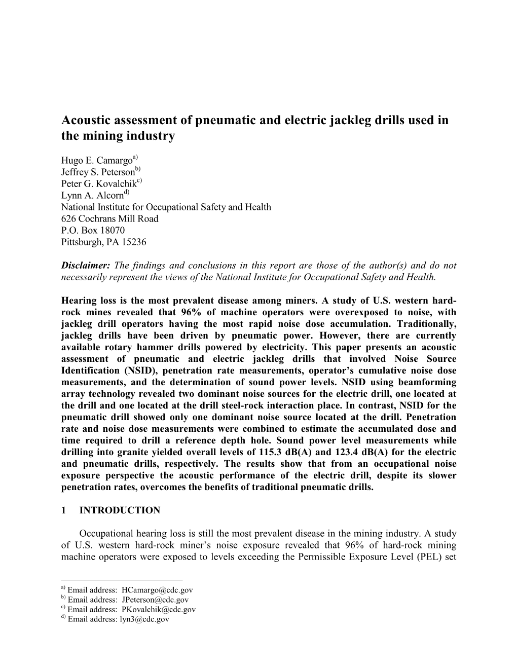 Acoustic Assessment of Pneumatic and Electric Jackleg Drills Used in the Mining Industry