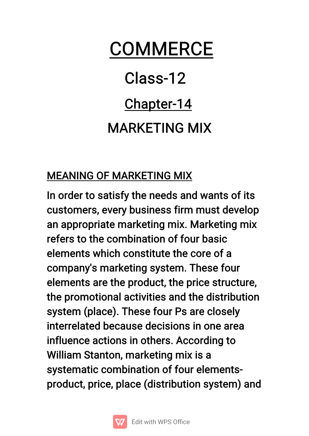 COMMERCE Class-12 Chapter-14 MARKETING MIX