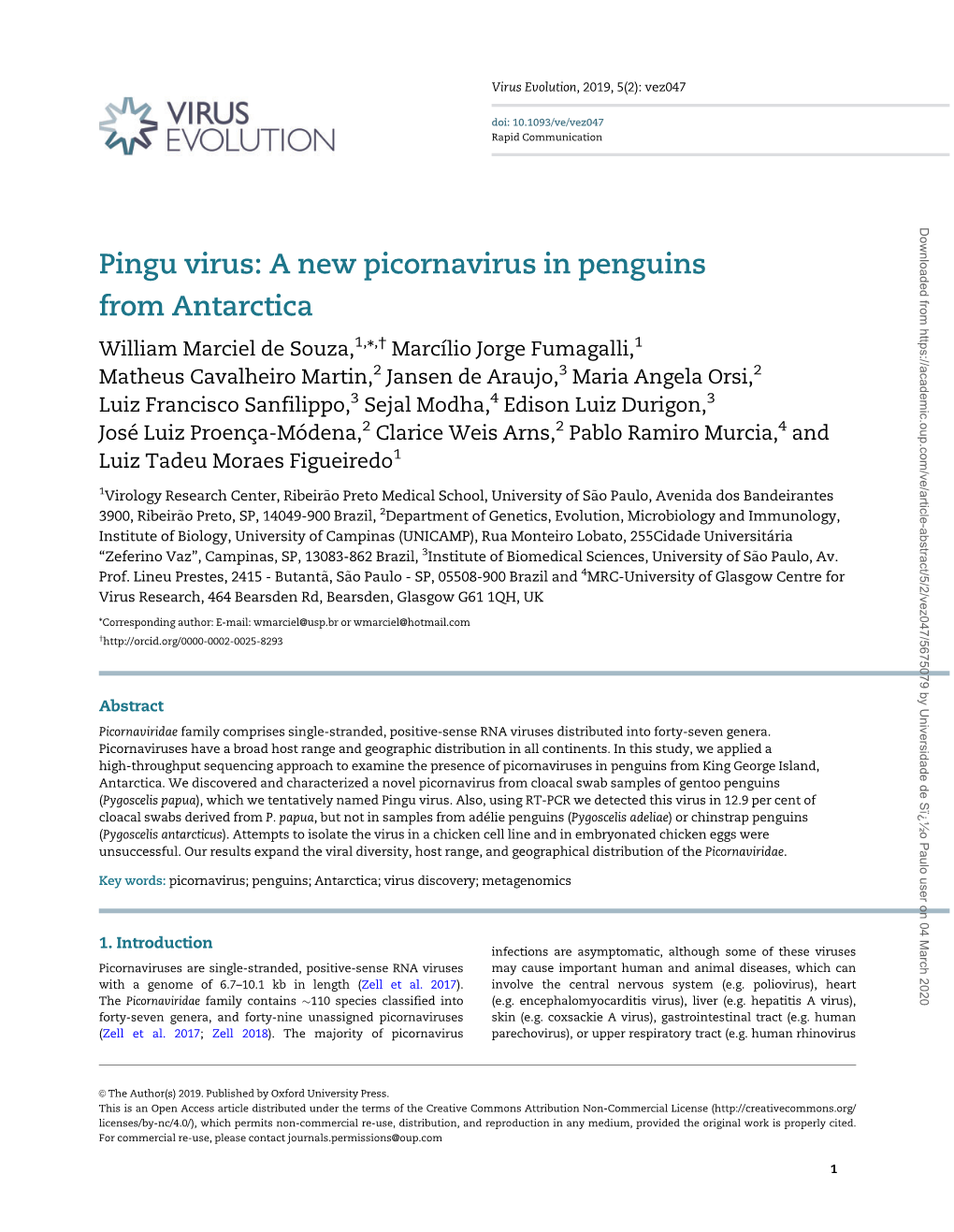 Pingu Virus: a New Picornavirus in Penguins from Antarctica