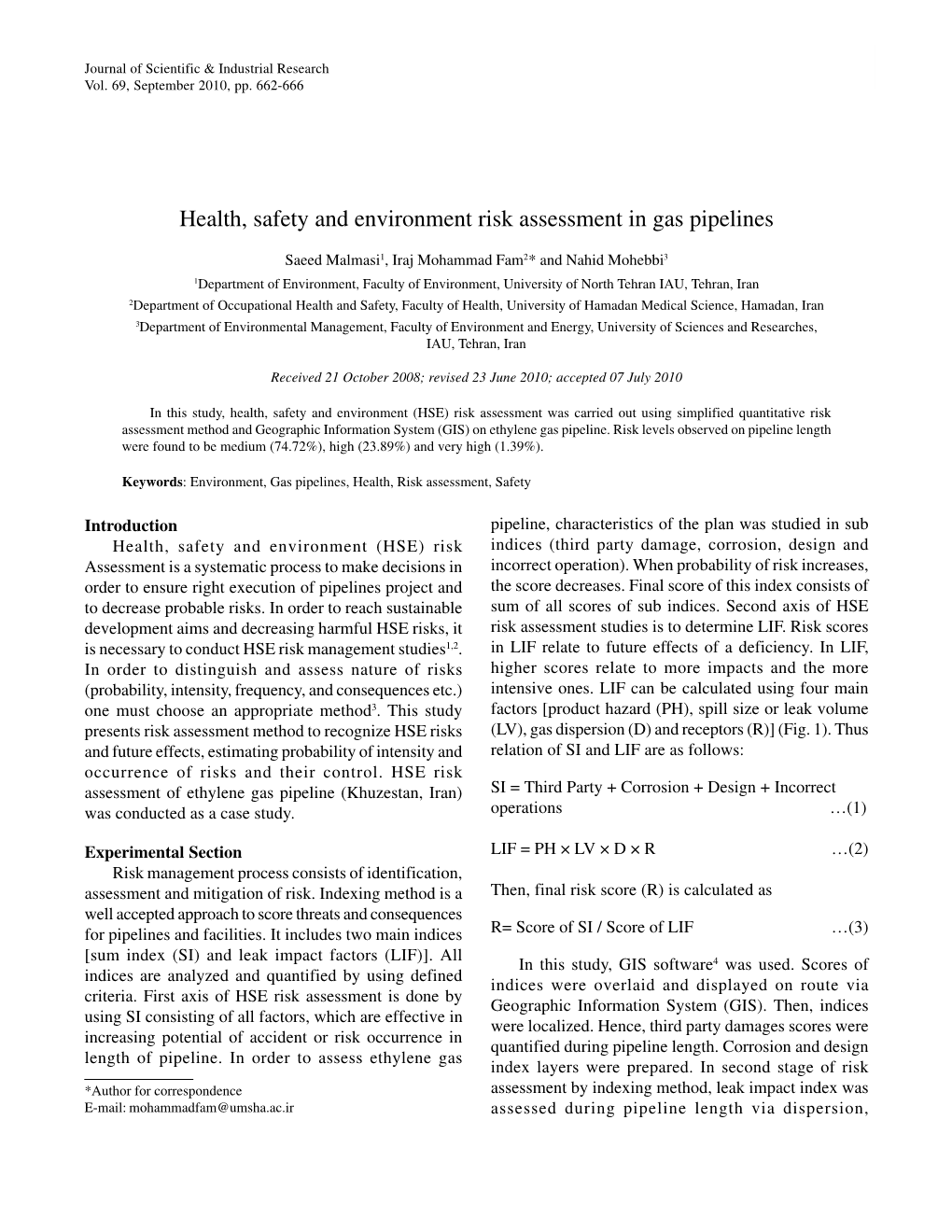 Health, Safety and Environment Risk Assessment in Gas Pipelines