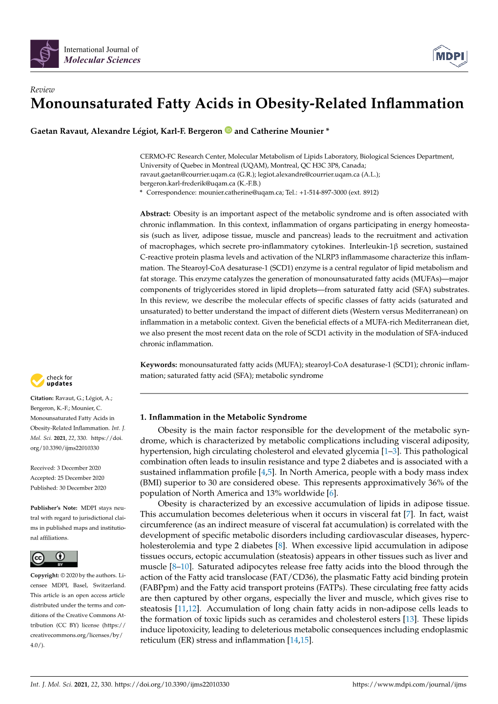 Monounsaturated Fatty Acids in Obesity-Related Inflammation