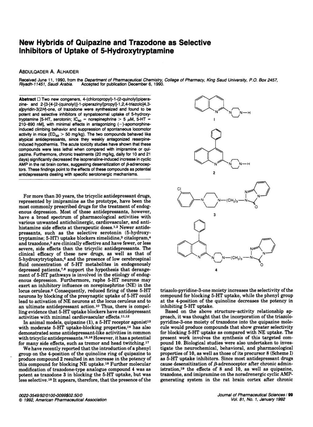 New Hybrids of Quipazine and Trazodone As Selective Inhibitors Of