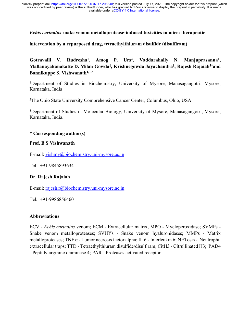 Echis Carinatus Snake Venom Metalloprotease-Induced Toxicities in Mice: Therapeutic