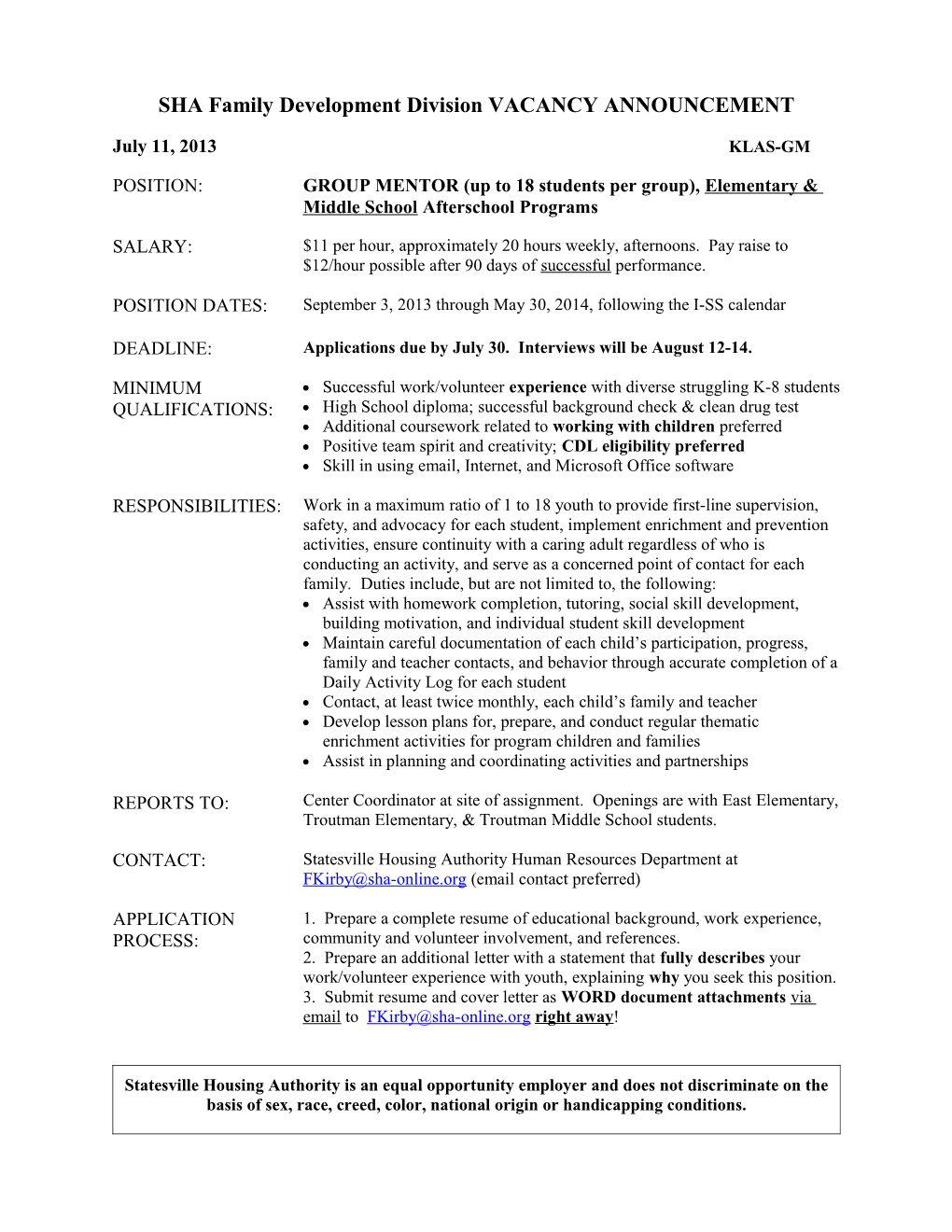 SHA Family Development Division VACANCY ANNOUNCEMENT