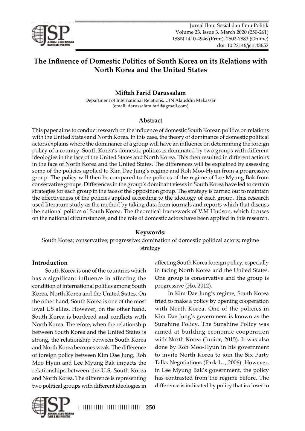 The Influence of Domestic Politics of South Korea on Its Relations with North Korea and the United States