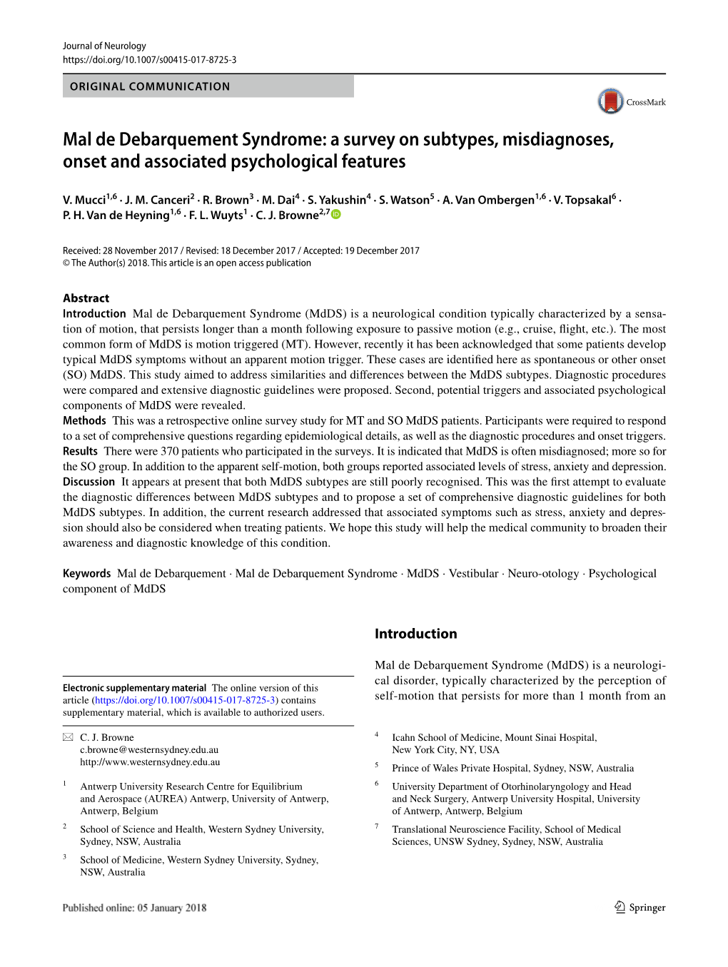 Mal De Debarquement Syndrome: a Survey on Subtypes, Misdiagnoses, Onset and Associated Psychological Features