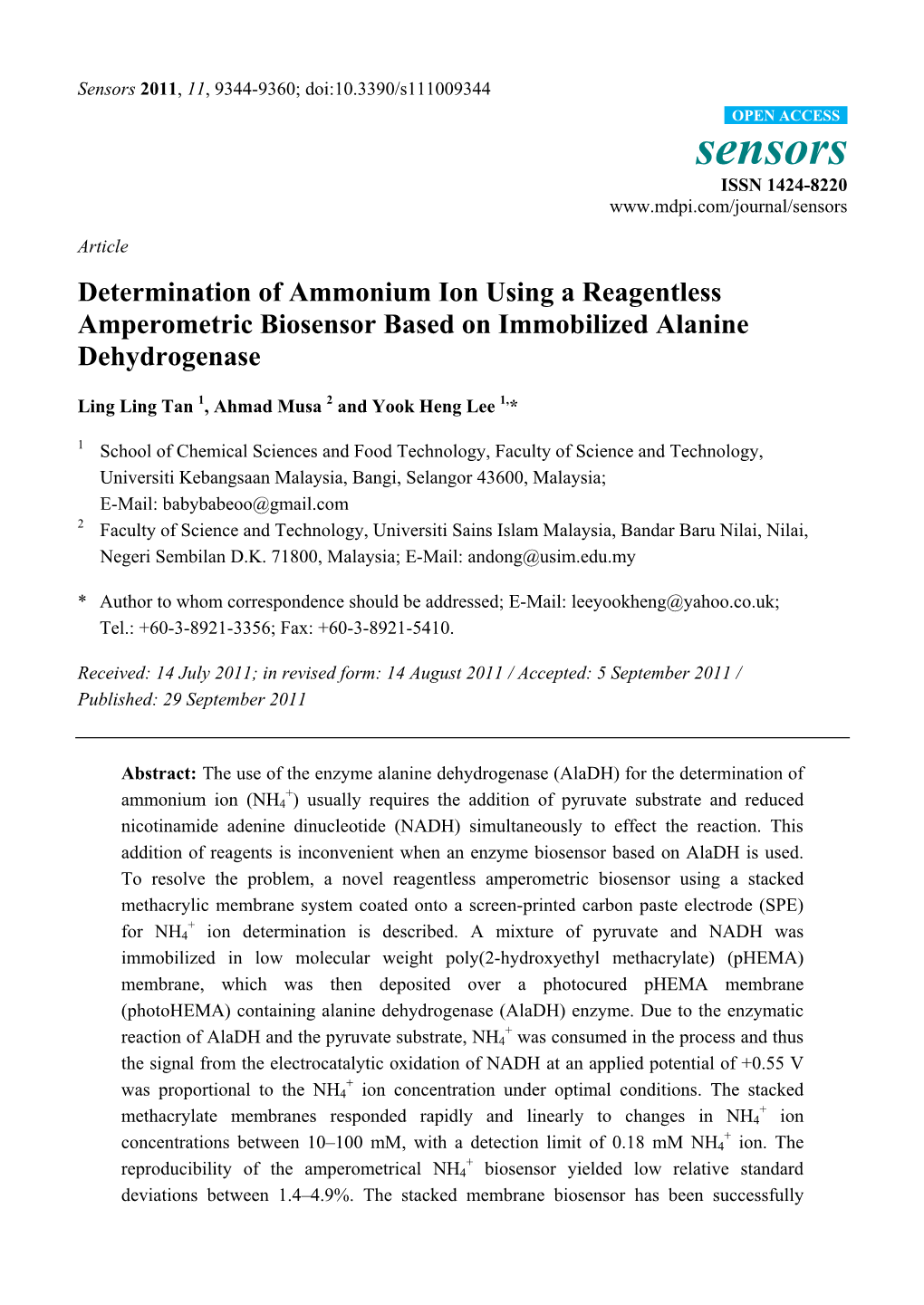 Sensors 2011, 11, 9344-9360; Doi:10.3390/S111009344 OPEN ACCESS Sensors ISSN 1424-8220