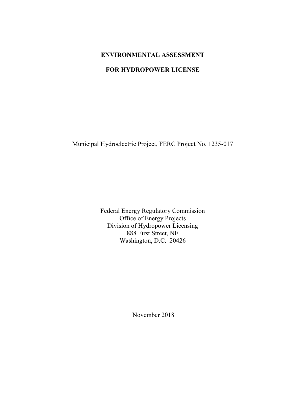 Municipal Hydroelectric Project, FERC Project No