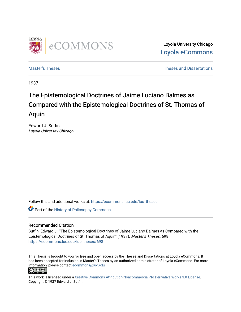The Epistemological Doctrines of Jaime Luciano Balmes As Compared with the Epistemological Doctrines of St