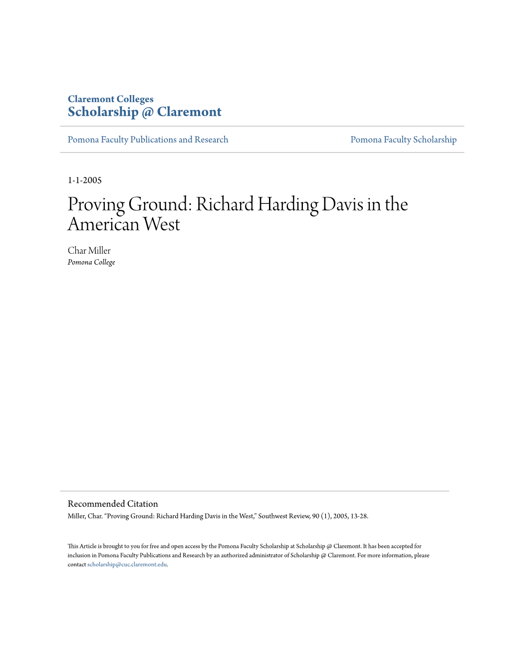 Richard Harding Davis in the American West Char Miller Pomona College