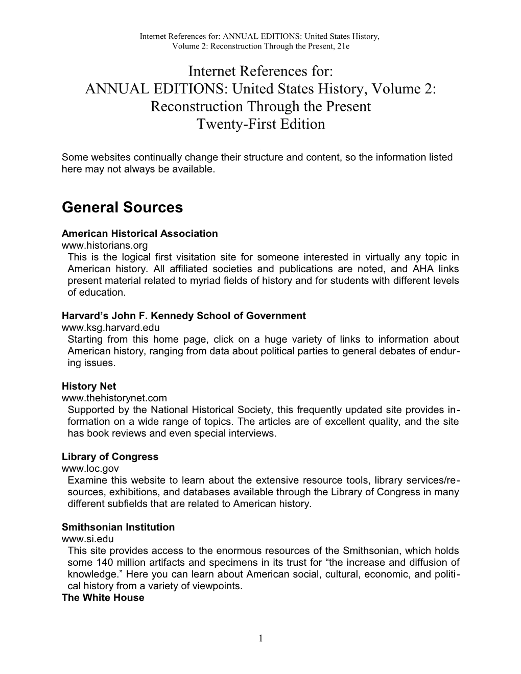 Internet References For: ANNUAL EDITIONS: United States History