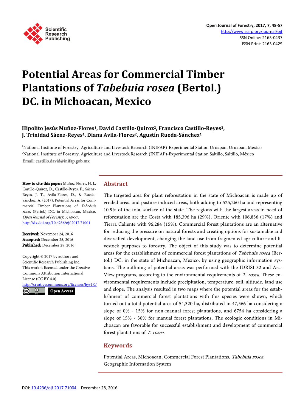 Potential Areas for Commercial Timber Plantations of Tabebuia Rosea (Bertol.) DC